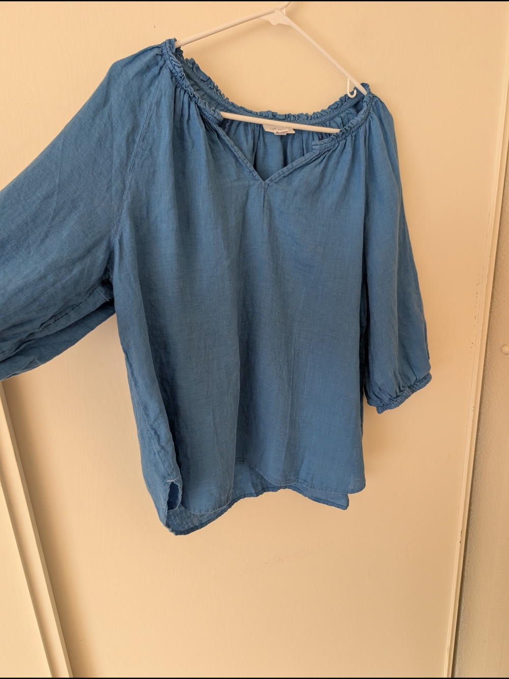 J. Jill Women Medium 100% Linen Blouse Blue Boho Beach Coastal Vacation Nautical - Picture 4 of 7